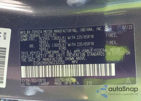 2022 Toyota Highlander Xle из США, поврежденный, VIN 5TDHZRBH2NS232250